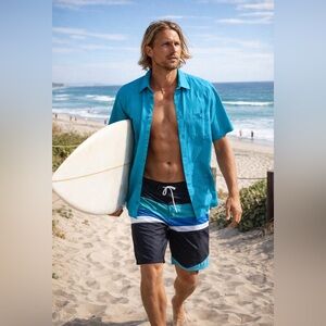 Beautiful Alfani slim fit Turquoise men’s short sleeve button down shirt SZ LG